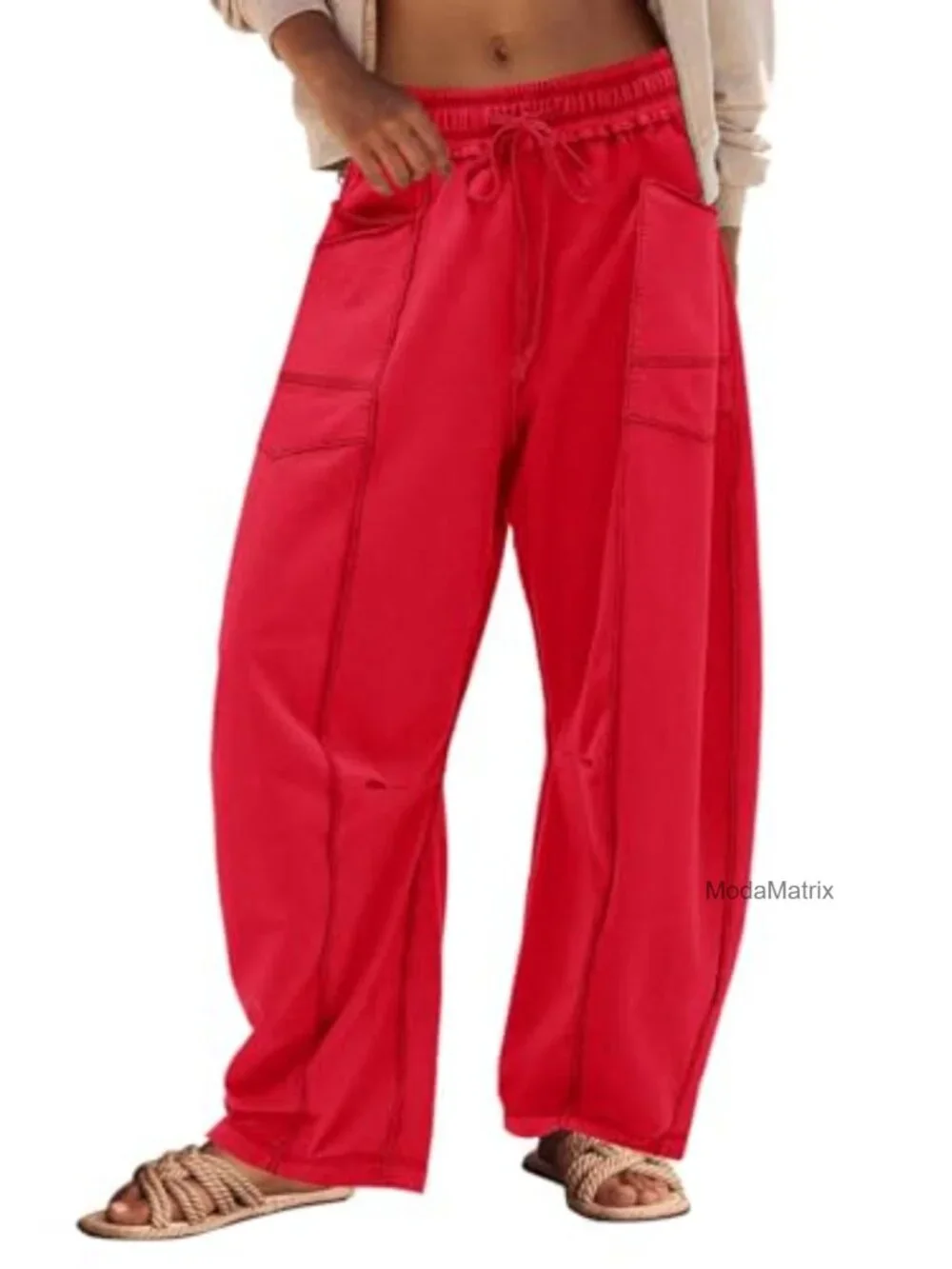 Womens Barrel Sweatpants Wide Leg Trousers Cotton Blend Drawstring